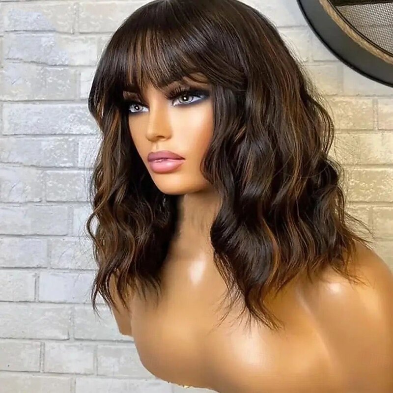 Remy Human Hair 5x5 Closure 13x4 Lace Front Wig With Bangs Brazilian Hair Natural Wave Brown Multi-color Wig 130% 150% Density with Baby Hair Highlighted / Balayage Hair Glueless For Women Long Human4