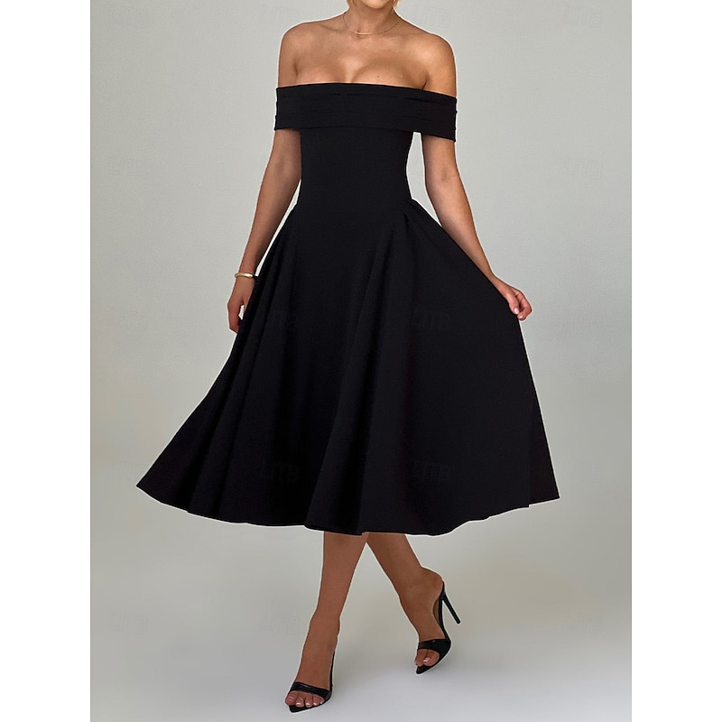 Retro Vintage 1950s Midi Dress Flare Dress Off Shoulder Solid Color A-Line Fancy Dress Women's Masquerade Wedding Vacation Tea Party Adults' Dress2