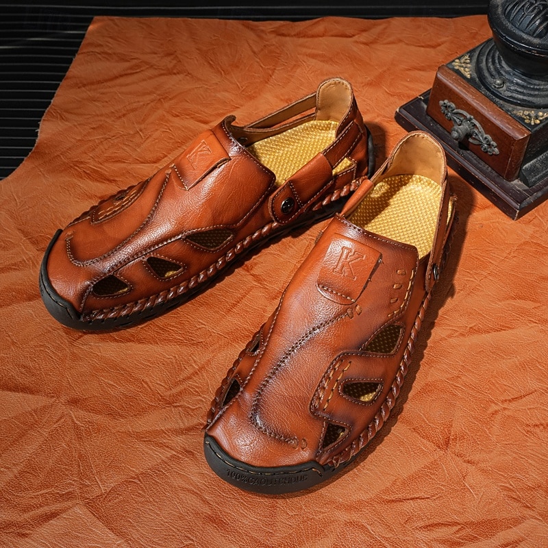 Men's Brown Faux Leather Sandals with Perforated Design, Adjustable Strap, and Durable Sole – Comfortable for Casual Wear, Outdoor and Summer Activities4