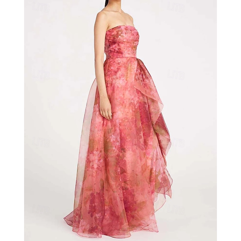 A-Line Evening Gown Celebrity Style Dress Formal Wedding Guest Floor Length Sleeveless One Shoulder Organza with Ruched Ruffles Slit Wedding Guest Dress3