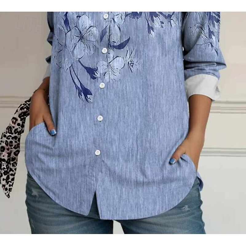 Women's Shirt Button Down Tunic Shirt Collar Long Sleeve Floral Elegant Vintage Daily Regular Tops Work Daily Linen Like s Print Blue Spring3