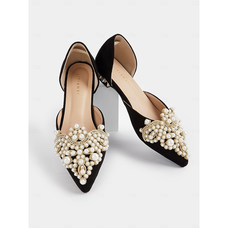 Black Satin Pointed Toe Flats for Women with Pearl & Crystal Embellishment – Elegant Bridal Flats for Weddings and Special Events