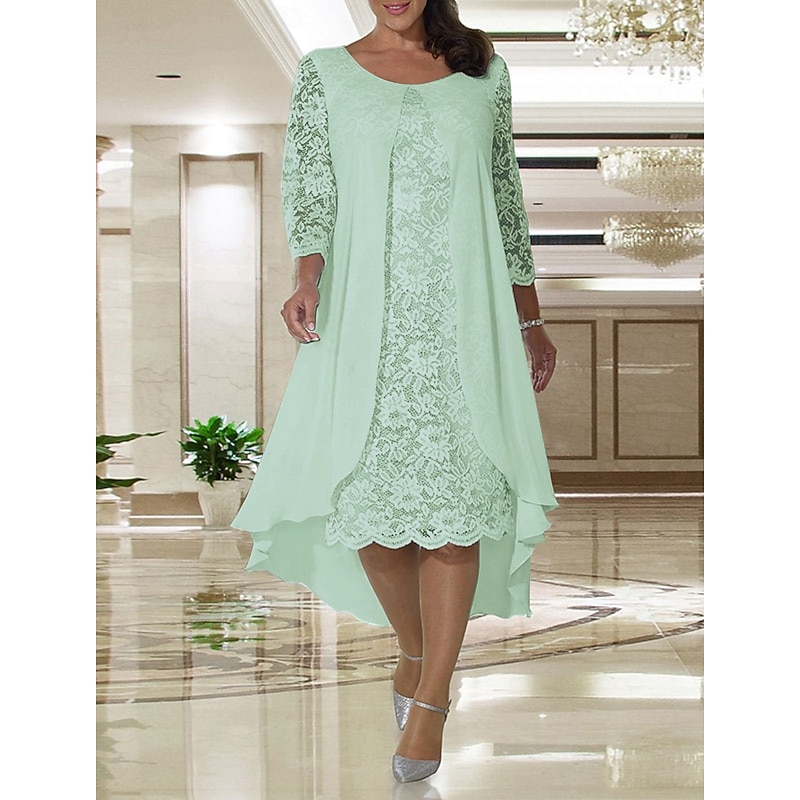 Beach Wedding A-Line Mother of the Bride Dress Wedding Guest Elegant Plus Size Jewel Neck Knee Length Chiffon Lace Long Sleeve with Lace4
