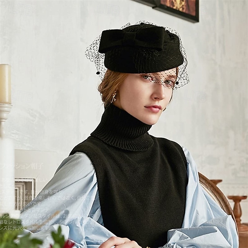 Women's British Style Pillbox Church Derby Wedding Winter Vintage Fascinator Beret Wool Felt Veil Hat2