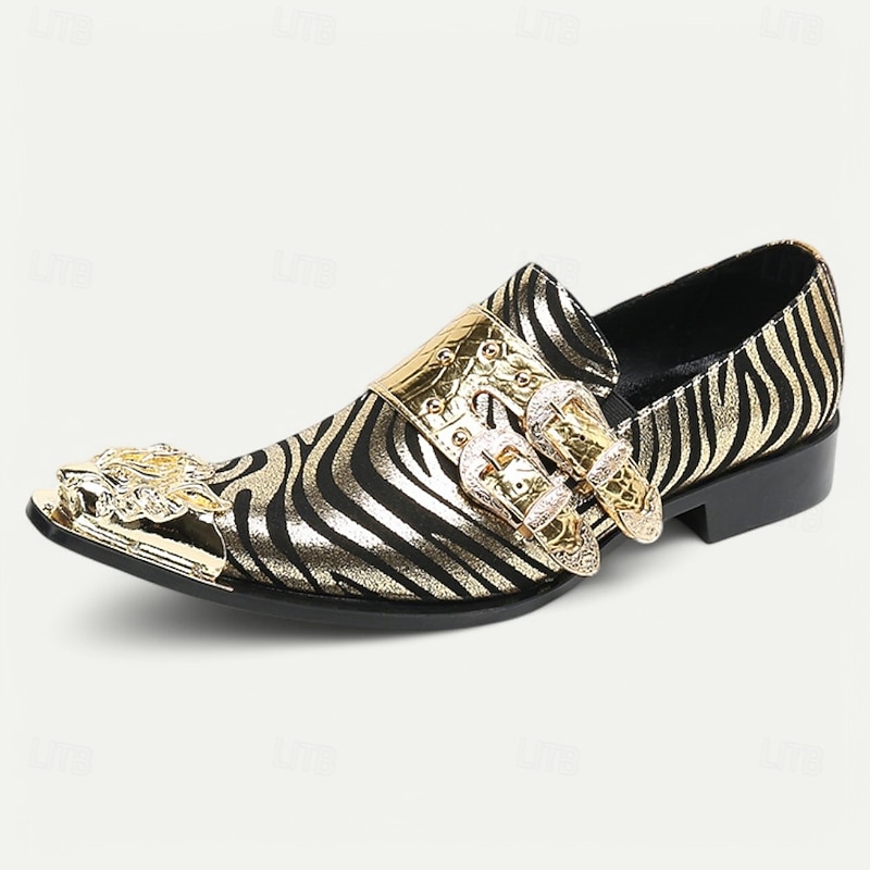 Men's Premium Cowhide Leather Loafers with Gold Tip Bold Zebra Print and Double Buckle Design–Stylish, Comfortable Footwear for Formal and Fashion-Forward Occasions4