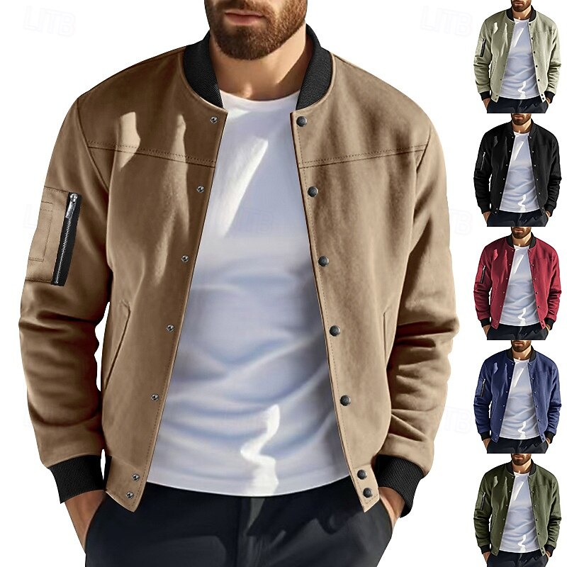 Men's Lightweight Jacket Summer Jacket Bomber Jacket Windbreaker Vacation Daily Wearproof Pocket Spring Fall Plain Fashion Classic Stand Collar Regular Black Light Green Red Navy Blue Brown Jacket