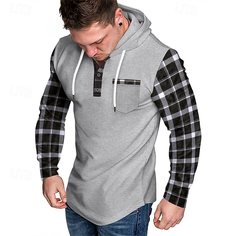 Men's Hoodie Black Army Green Navy Blue Khaki Light Grey Hooded Plaid Color Block Pocket Sports & Outdoor Daily Holiday Polyester Streetwear Basic Casual Spring &  Fall Clothing Apparel Hoodies