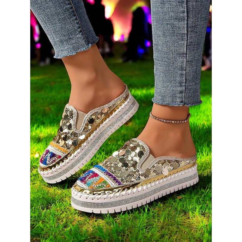 Women's Gold Sequin Platform Mules Sneakers  – Sparkly Slip-On Shoes with Embroidered Details for Festivals, Party & Street Fashion