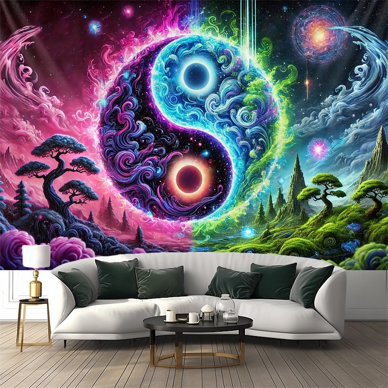 Blacklight Tapestry Glow in the Dark Glow Party UV Reactive Taichi Zen Trippy Misty Nature Landscape Hanging Tapestry Wall Art Mural for Living Room Bedroom4