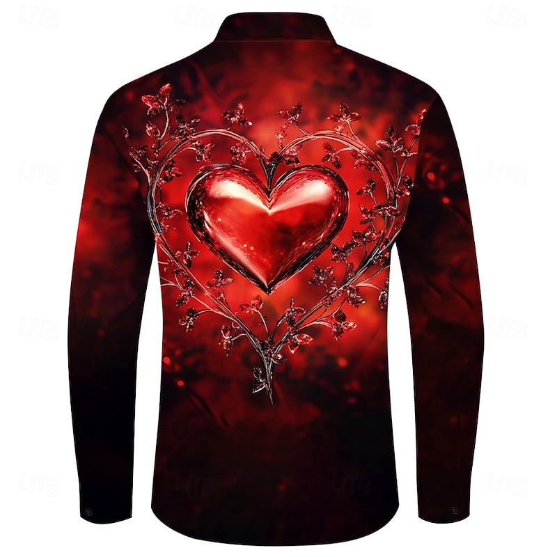 Valentine's Day Men's Heart Shirt Button Up Shirt Long Sleeve Fashion Casual Gift Holiday Festival Summer Fall Turndown 3D Print Collared Shirts Red2