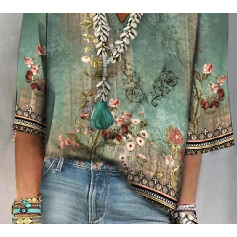 Women's Shirt Button Down Blouse Floral Daily Basic 3/4 Length Sleeve V Neck Regular Tops Daily Print Green Summer Spring3