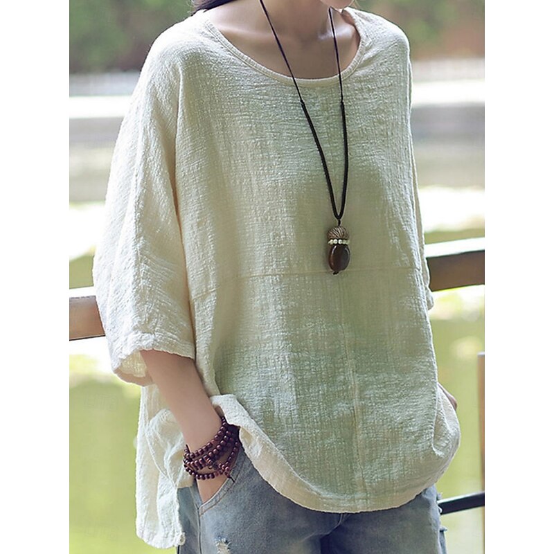 Women's Shirt Blouse Solid Color Stylish Casual 3/4 Length Sleeve Crew Neck Regular Tops Daily Black White Wine Khaki Summer Spring