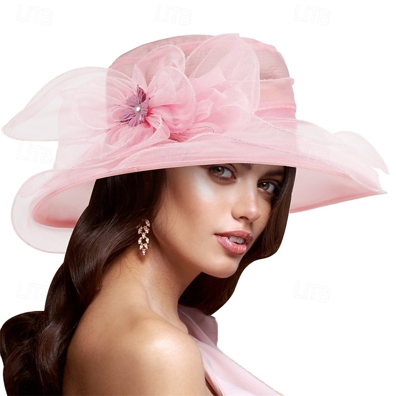 Women Organza Hat Church Cap Hats Cocktail Tea Party Wedding Bridal Flower Hat with Wide Brim3