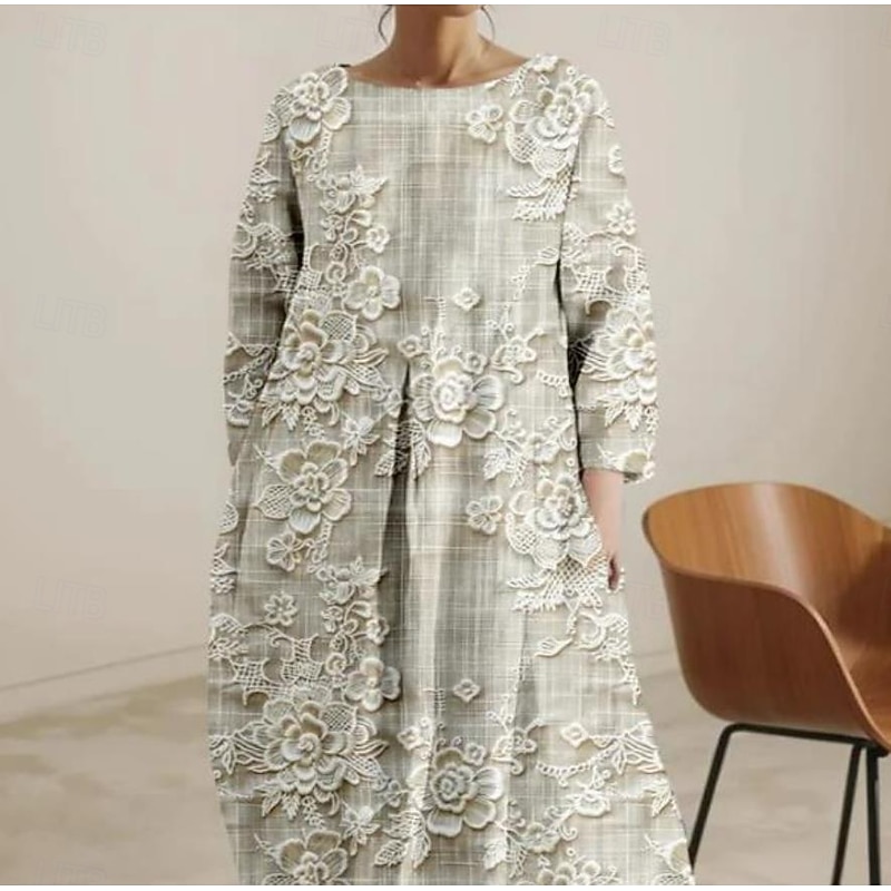 Women's Maxi Dress Casual Dress Casual Vacation Loose Fit Floral Graphic Linen Like 3/4 Length Sleeve Crew Neck Blue Light Purple Green Beige Spring Fall Winter3