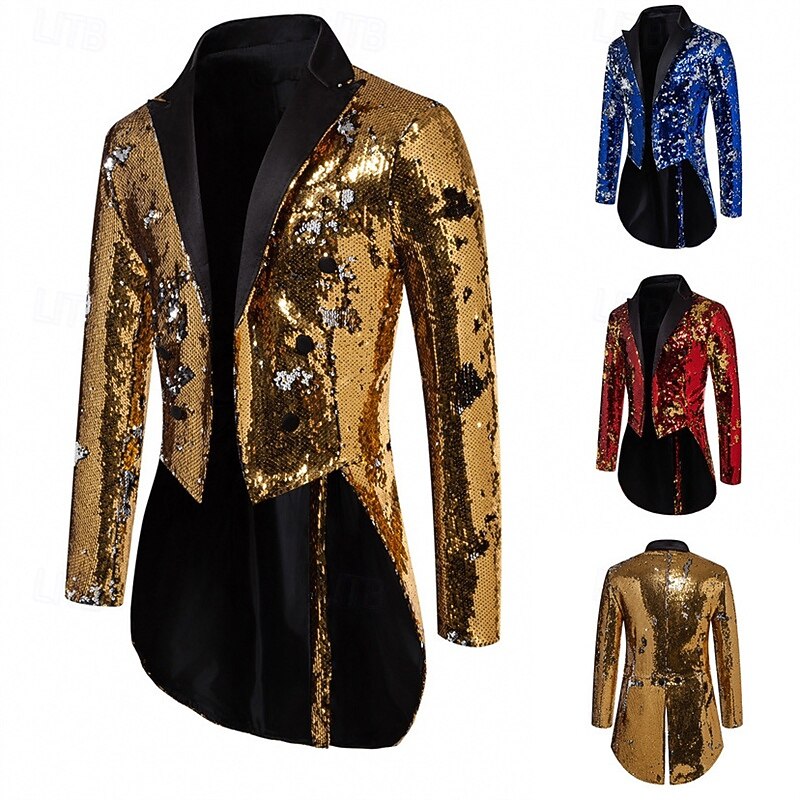 Men's Blazer Performance Cocktail Party Wedding Party Fashion Casual Spring Fall Polyester Plain Buttons Sequin Comfortable Single Breasted Blazer Burgundy Blue Gold