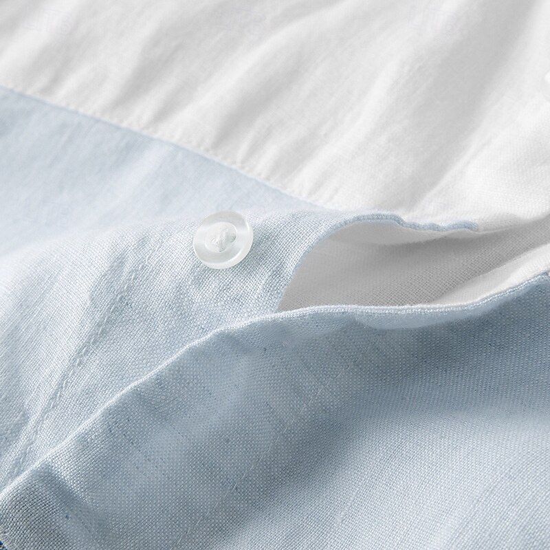 Men's 100% Linen Shirt White Short Sleeve Color Block Shirt Collar School Wedding Patchwork Clothing Apparel Elegant Vacation Vintage Tropical4