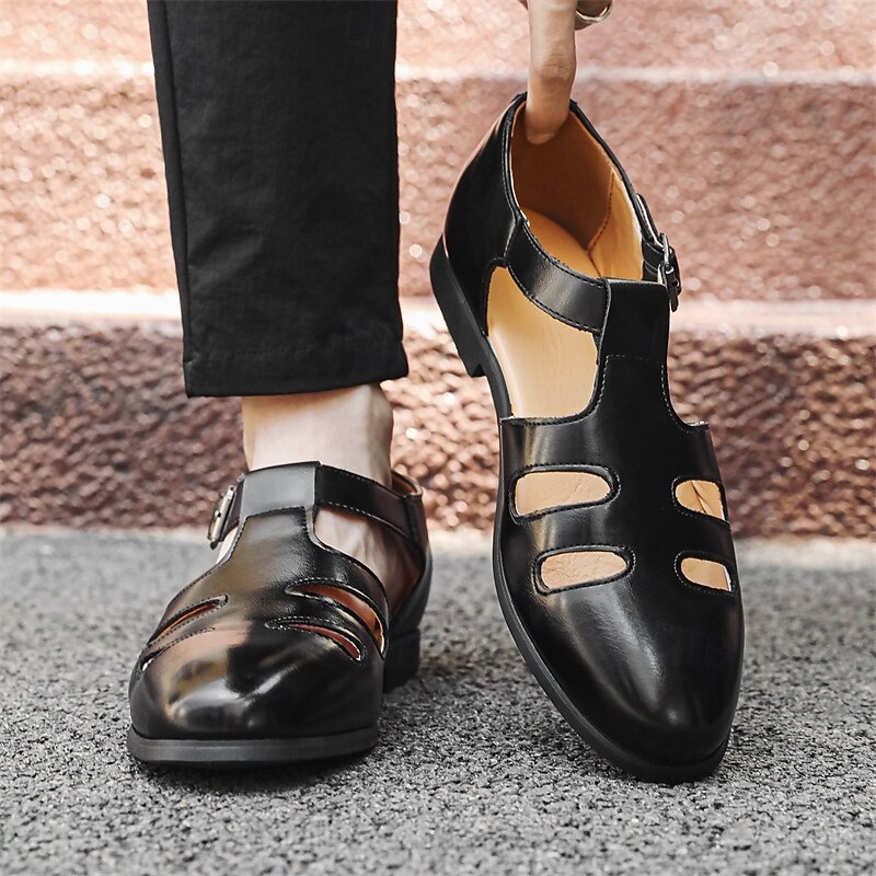 Men's Black Faux Leather Fisherman Sandals with Buckle Strap and Cutout Design, Stylish and Comfortable for Casual, Outdoor and Summer Wear3