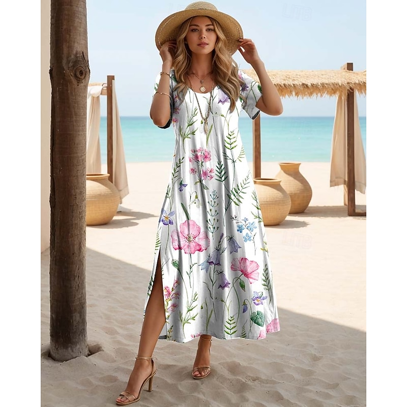 Women's Maxi Dress Casual Dress T Shirt Dress Tee Dress Sundress Bohemia Date Regular Fit Geometric Short Sleeve Crew Neck Black White Pink Purple Summer4