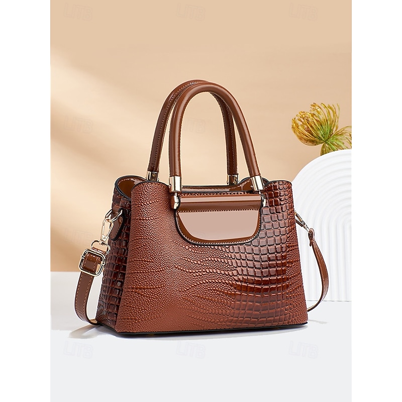 Elegant Croc-Embossed Faux Leather Handbag – Stylish Top Handle Purse with Detachable Shoulder Strap, Luxury Tote Bag for Women, Perfect for Work, Parties & Formal Events Black Pink Red