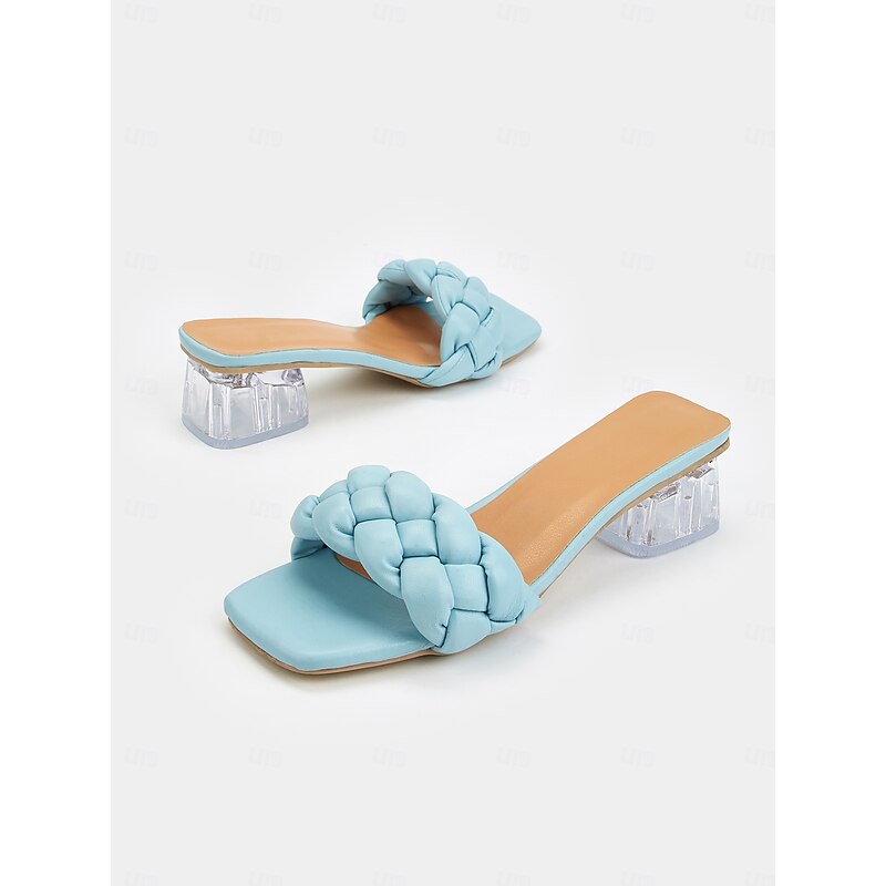 Women's Light Blue Braided Strap Heeled Mules – Trendy Square Toe Summer Sandals2