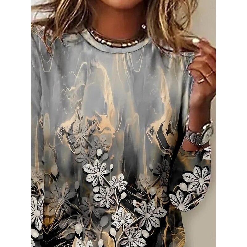 Women's T shirt Crew Neck Long Sleeve Tunic Floral Scenery Elegant Vintage  Regular Tops Daily Going out Weekend Print White Gray2
