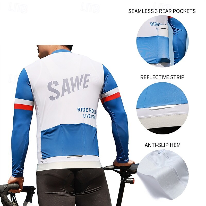 Men's Cycling Jersey Color Block Long Sleeve Bike Jersey with 3 Rear Pockets Mountain Bike MTB Quick Dry Breathable Sports White Blue Clothing Apparel2