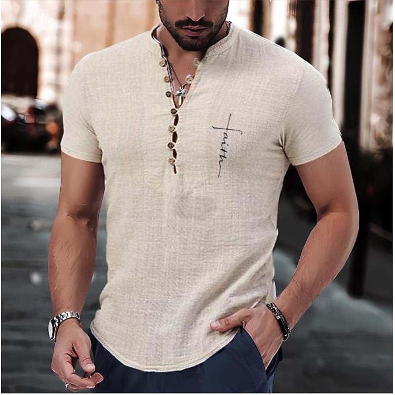 Men's Shirt Popover Shirt Summer Shirt Casual Shirt Button Up Shirt Light Green Purple khaki Light Grey Light Blue Short Sleeve Faith Solid / Plain Color Band Collar Henley Vacation Hawaiian Buckle