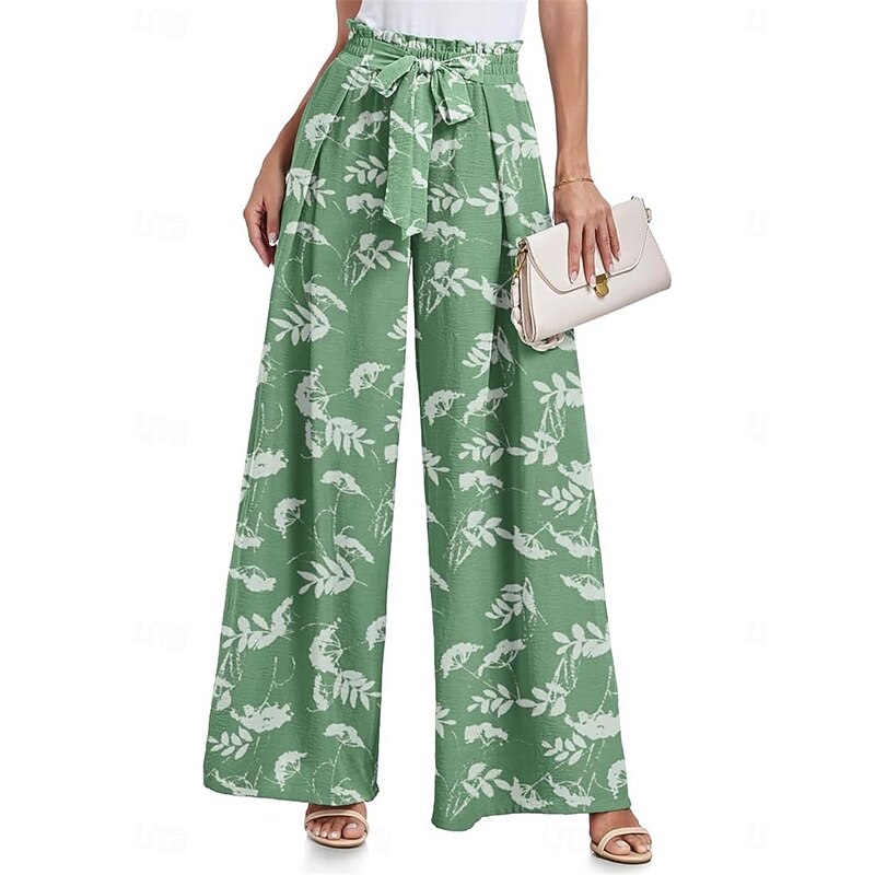 Women's Wide Leg Chinos Fashion Streetwear Full Length High Waist Floral Leaf Pocket Elastic Waistband Printing Comfy Soft Comfortable Micro-elastic Outdoor Street Navy-blue Light Green Wine Blue