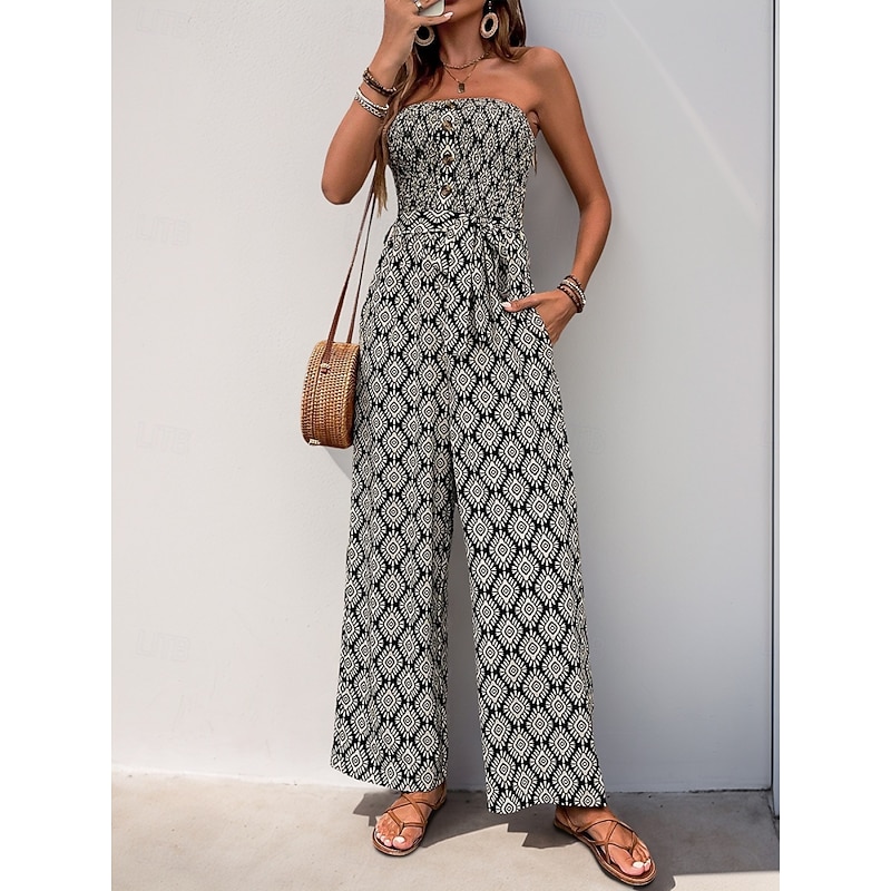 Women's Normal Jumpsuit Active Solid Color Sleeveless Strapless Pocket High Waist Vacation Daily Regular Fit Black Summer