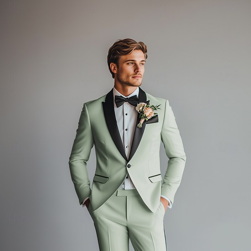 Men's Wedding Prom Party Suits Peaked Lapel Light Green Fashion Formal Solid Colored Standard Fit 2 Piece Single Breasted One-button2