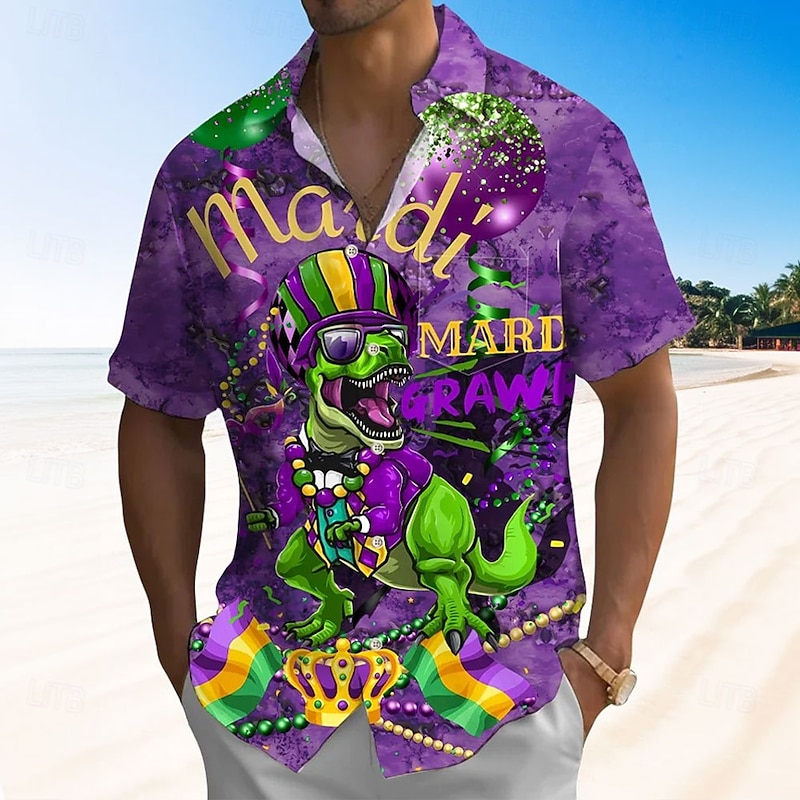 Mardi Gras Men's Dinosaur Carnival Shirt Button Up Shirt Short Sleeve Fashion Casual Vacation Gift Holiday Summer Spring Turndown Collared Shirts Front One Pocket Purple