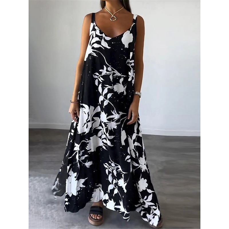 Women's Maxi Dress Casual Dress Slip Dress Stylish Casual Vacation Daily Regular Fit Floral Sleeveless Strap Black White Yellow Summer