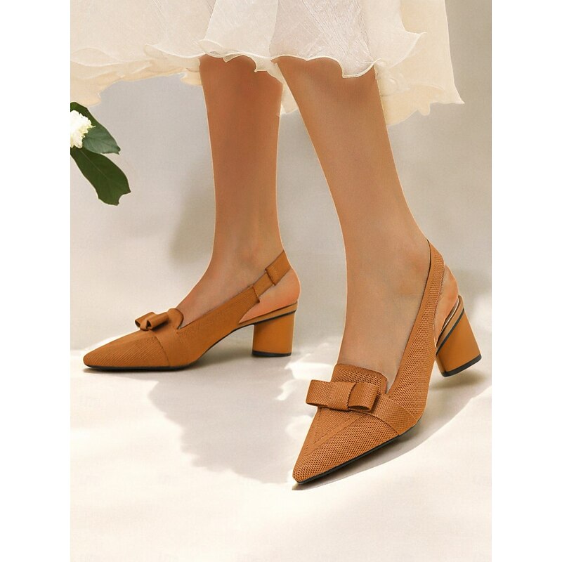 Slingback Heels with Bow Detail, Flyknit Mesh Upper, and Block Heels for Elegant Office Wear and Evening Events4