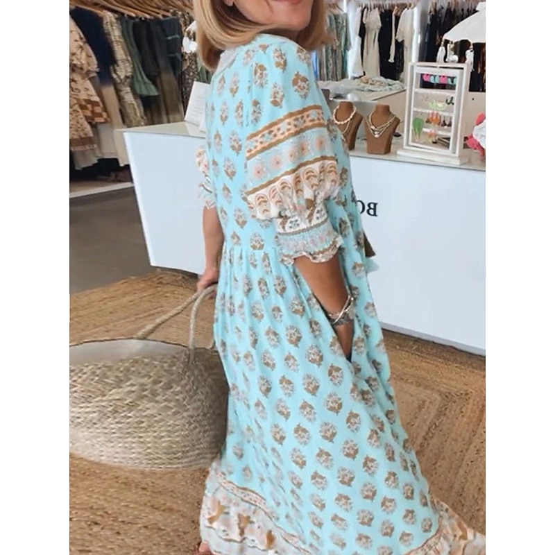 Women's Long Dress Maxi Dress Casual Dress A Line Dress Boho Dress Bohemia Stylish Casual Vacation Casual Daily Regular Fit Graphic Half Sleeve V Neck Pink Blue Green Summer Spring2