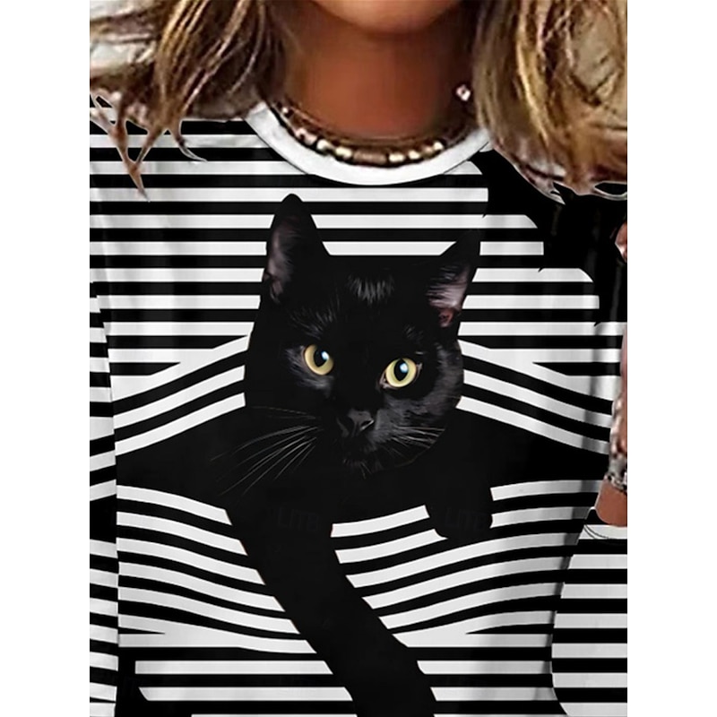 Women's T shirt Crew Neck Long Sleeve Tunic Cat Striped Casual  Regular Tops Daily Print Black Green Spring Fall MAO2