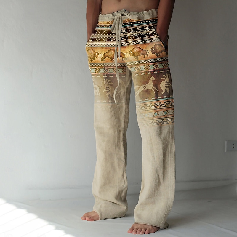 Men's Graphic Prints Linen Pants Baggy Pants Mid Waist Streetwear Hawaiian Designer Casual Daily Holiday Drawstring Elastic Waist Front Pocket Spring & Summer 3D Print Green Khaki Gray