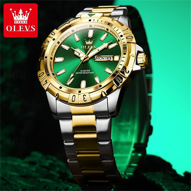 The New Olevs Brand Men'S Business Watch Classic Green Water Ghost Calendar Week Display Quartz Watch Waterproof Sports Fashion Watch