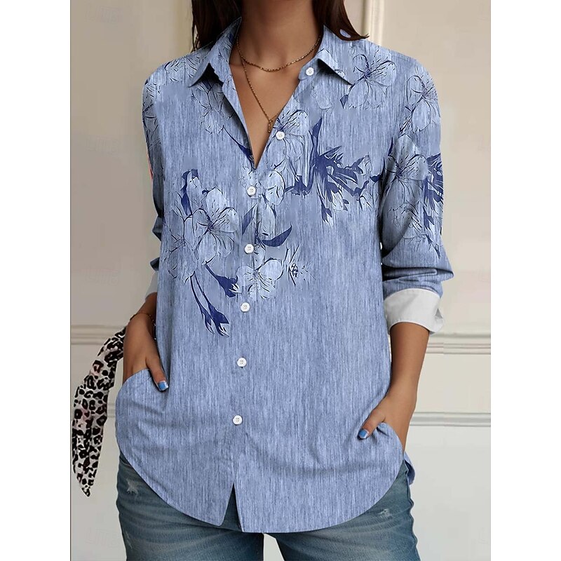 Women's Shirt Button Down Tunic Shirt Collar Long Sleeve Floral Elegant Vintage Daily Regular Tops Work Daily Linen Like s Print Blue Spring