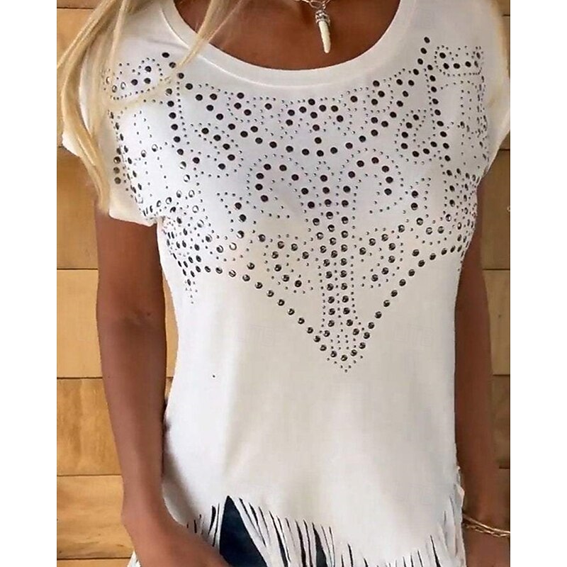 Women's Blouse Plain Daily Stylish Basic Short Sleeve Crew Neck Regular Tops Work Daily Holiday Rivet Fringe Black White Yellow Spring Fall3