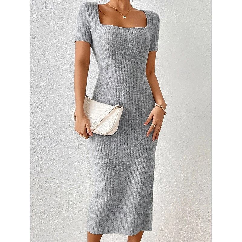 Women's Long Dress Maxi Dress Knit Dress Modern Daily Slim Pure Color Short Sleeve Square Neck Light Grey Apricot Spring Fall2