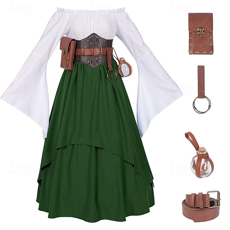 Vintage Inspired Party Costume Masquerade Bell Sleeve Solid Color Fancy Dress Women's Celtic Pirate Fantasy Halloween Masquerade Cocktail Party Casual Daily Adults' Shirt Skirt Belt All Seasons4