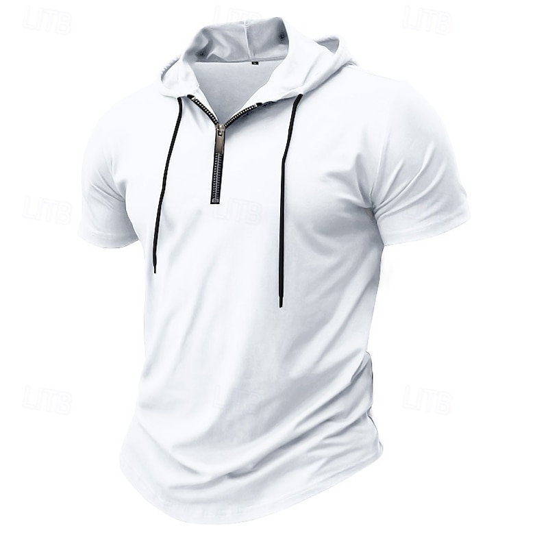 Men's T Shirt Zip Up Hoodies Tee Top Short Sleeve Zip Summer Spring Solid Color Traditional / Vintage Hooded Formal Home Sports & Outdoor Black White Gray Top Tee for Men2