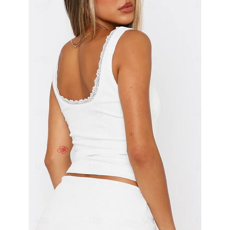 Women's Camisole Tank Top Solid Color Stylish Casual Sleeveless Square Neck Regular Tops Daily Lace Backless Patchwork Black White Pink Red Green Summer Spring2