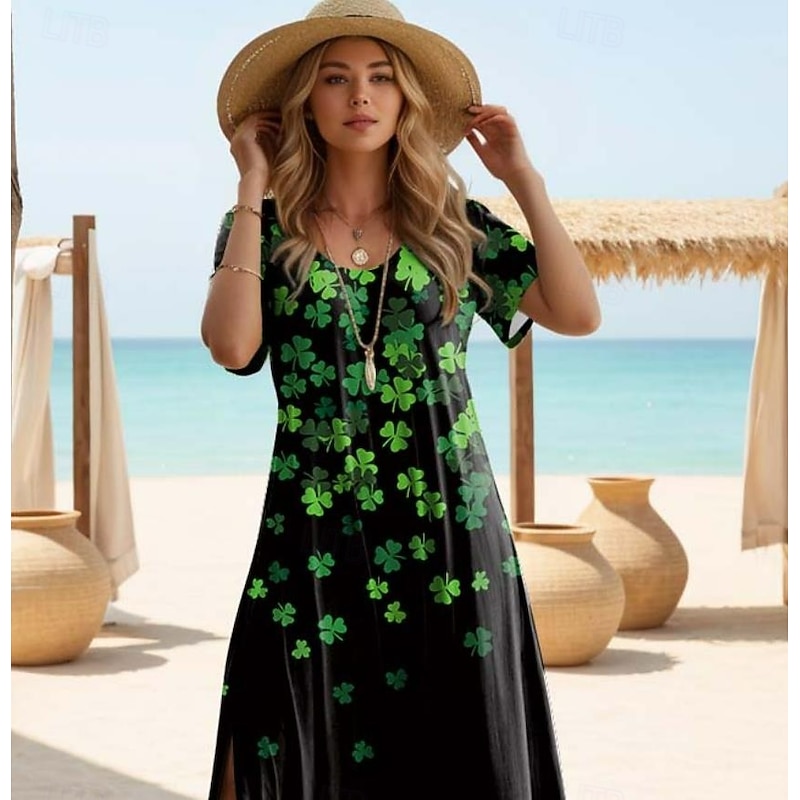 St. Patrick Women's Maxi Dress T Shirt Dress Tee Dress Sundress Shift Dress Bohemia Vacation Party Holiday Regular Fit Shamrock Short Sleeve Crew Neck Pink Green Summer Spring3