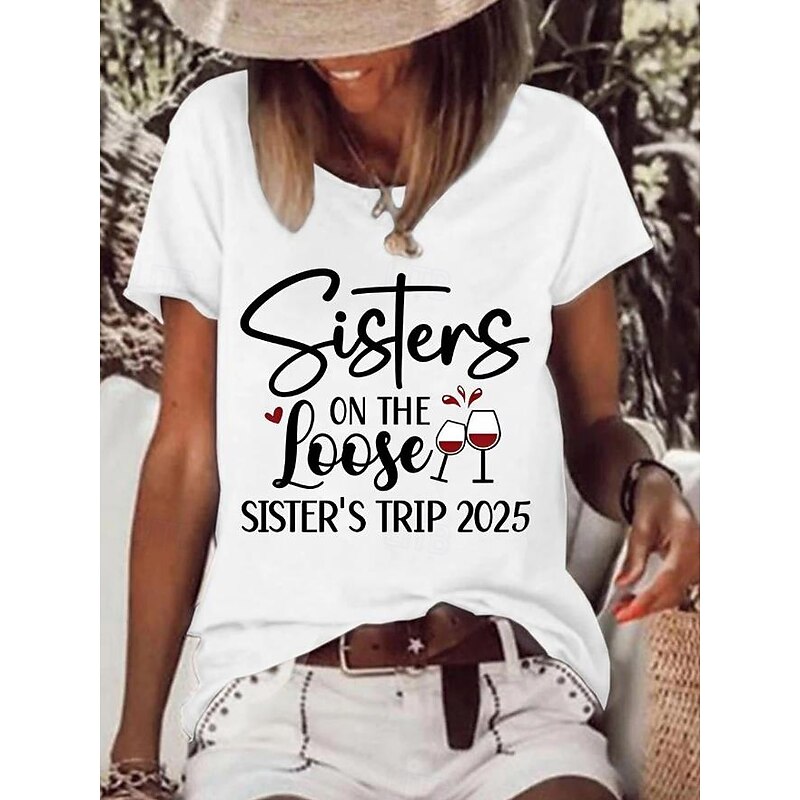 Women's T Shirt Letter Basic Casual Long Sleeve Crew Neck Regular Tops Daily Weekend Print White Pink Blue Gray Summer