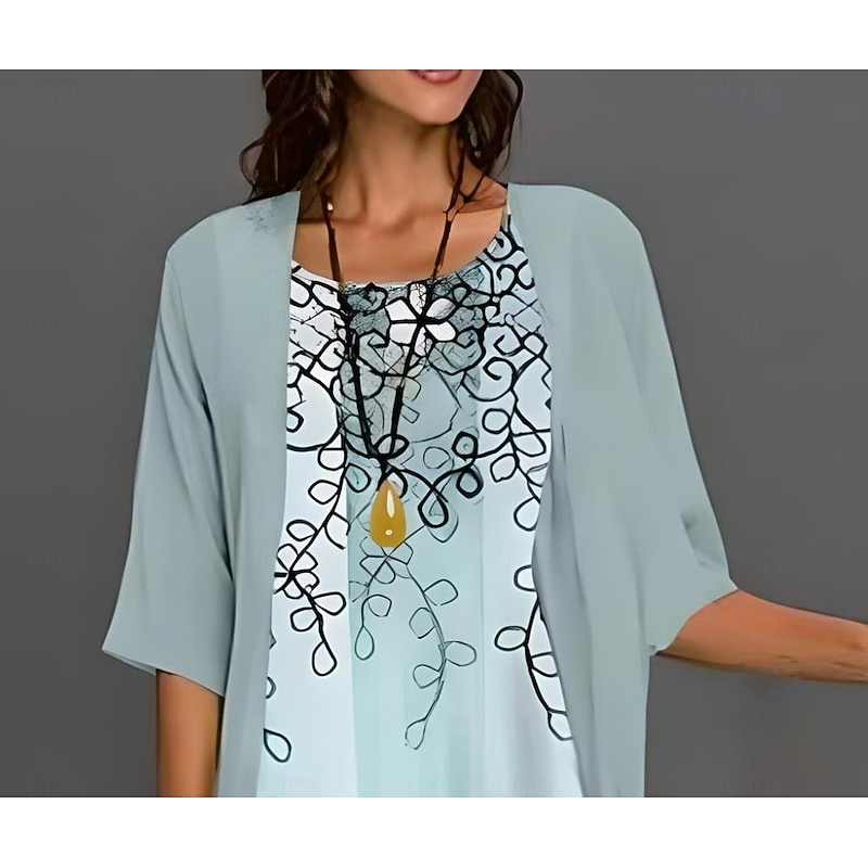 Women's Graduation Dress Midi Dress Chiffon Dress Shift Dress Summer Dress Elegant Stylish Formal Formal Wedding Guest Daily Loose Fit Floral Graphic Half Sleeve Crew Neck Sky Blue Summer Spring Fall2