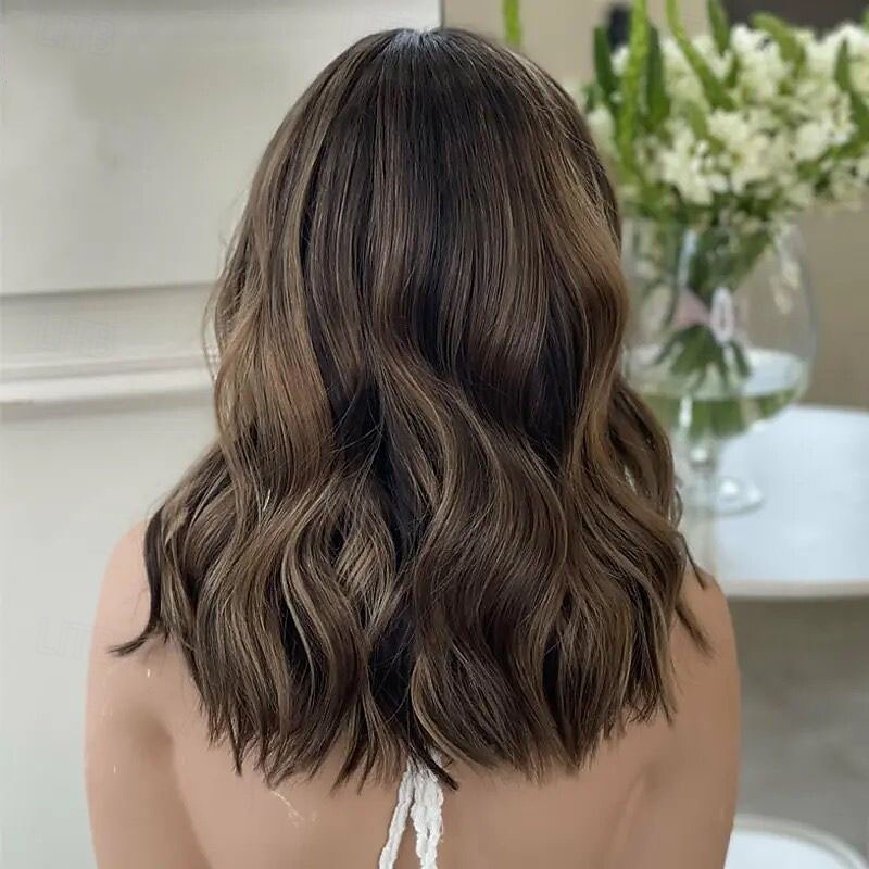 Remy Human Hair 5x5 Closure 13x4 Lace Front Wig Short Bob Brazilian Hair Wavy Light Brown Wig 130% 150% Density Highlighted / Balayage Hair Natural Hairline Glueless Pre-Plucked For Women wigs for