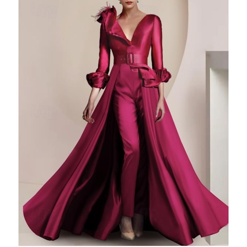Two Piece Jumpsuit / Pantsuit Mother of the Bride  Formal Wedding Guest Elegant Party V Neck Ankle Length Satin 3/4 Length Sleeve with Feather Sash / Ribbon free custom size2