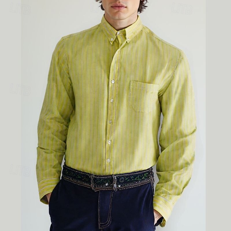Men's Shirt Summer Shirt Casual Shirt Beach Shirt Button Up Shirt Yellow Pink Blue Green Long Sleeve Stripes Lapel Vacation Hawaiian Button-Down Clothing Apparel Fashion Casual Comfortable3