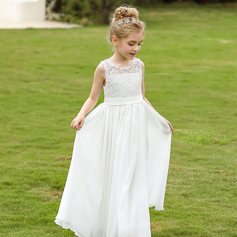 Flower Girl Dress Kid's Girls' Lace Dress Formal Dress Princess Dress First Communion Dress Performance Wedding Party Elegant Beautiful Lace Mesh Solid Color Sleeveless Crew Neck Beige 4 years+